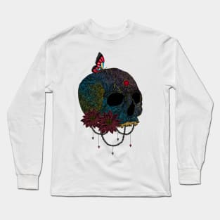 Butterfly On Colorful Skull Creepy Artist Graphic Long Sleeve T-Shirt